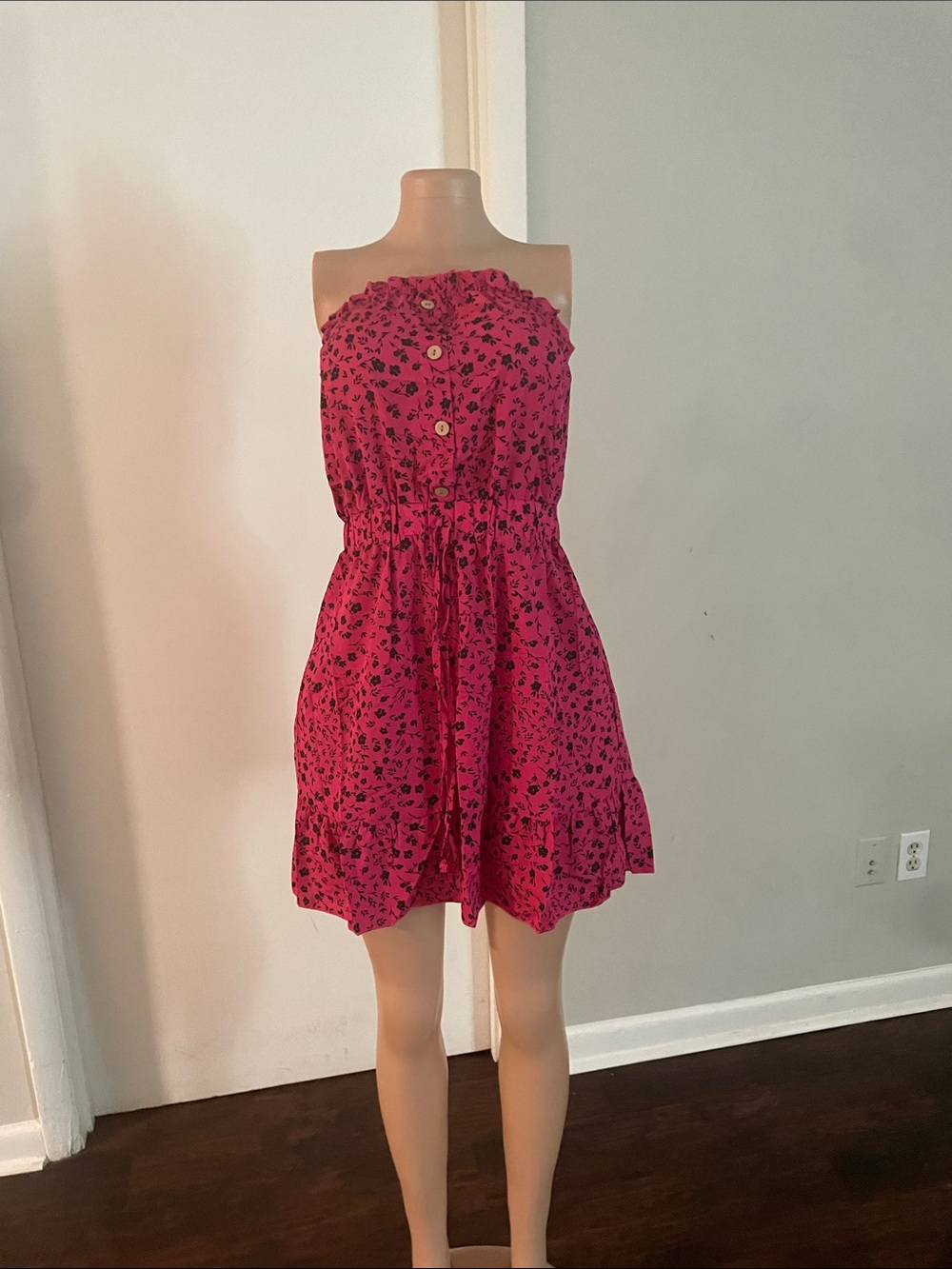 Ruched Strapless Pink Floral Mini Dress